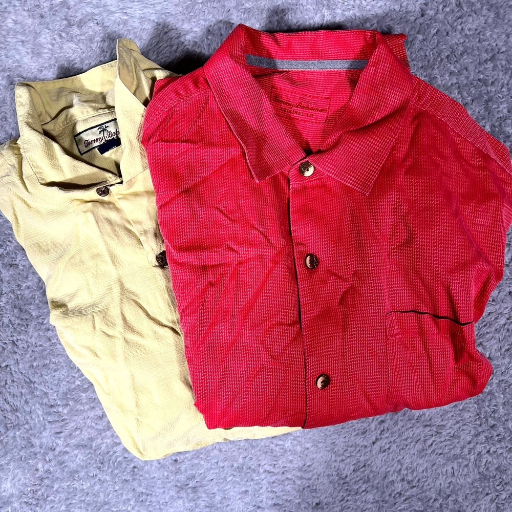 Tommy Bahama Shirt Men Large Red Yellow Silk Textured Button Up Beach Lot of 2